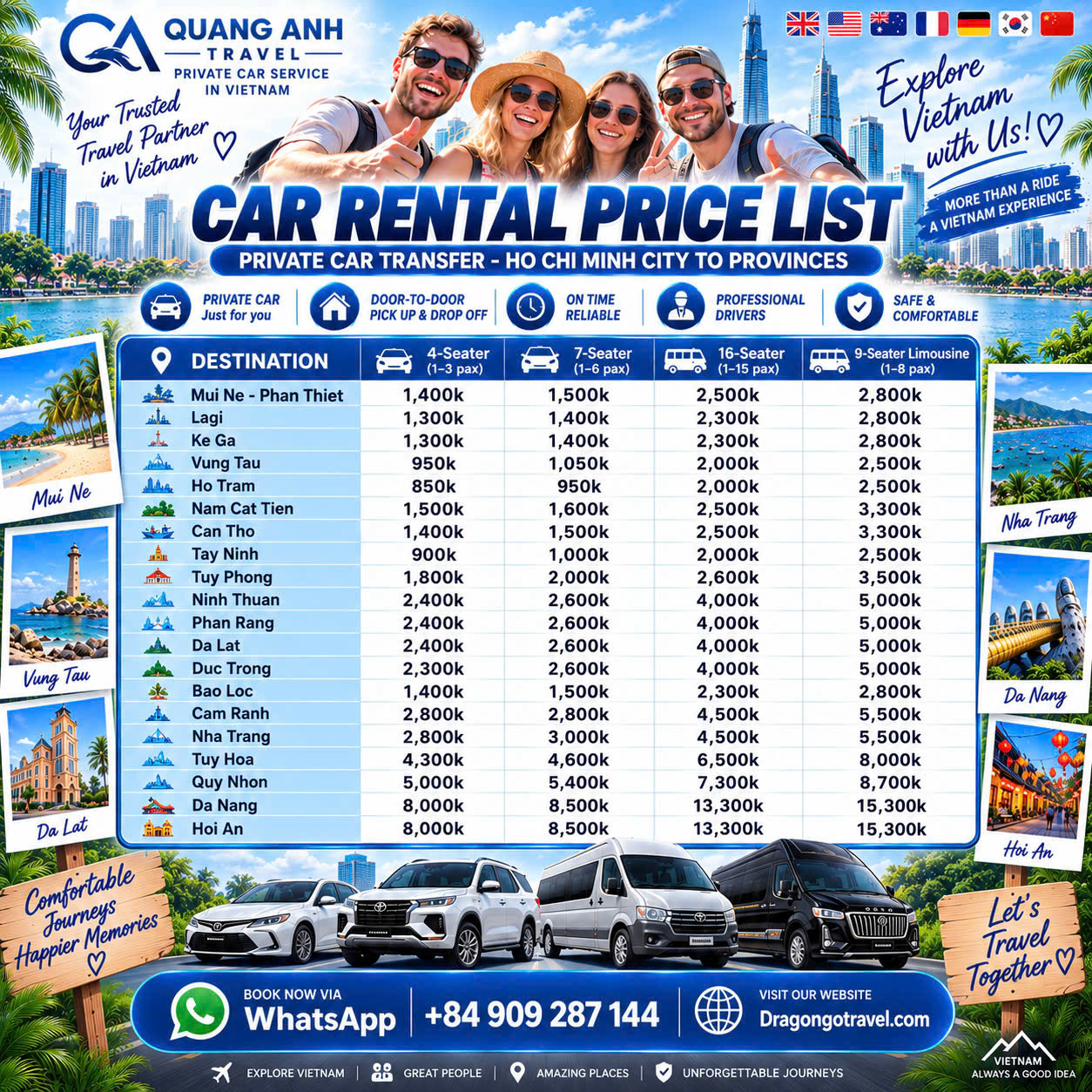 Dragon Travel private car price list in Vietnam