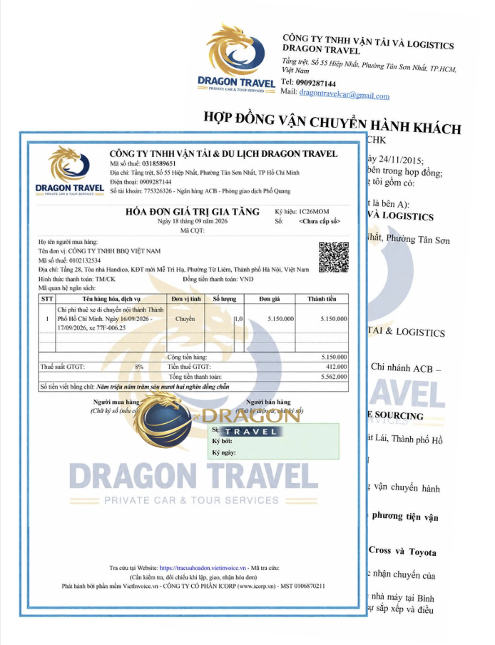 Hóa đơn VAT, hợp đồng vận chuyển và chứng từ Dragon Travel
